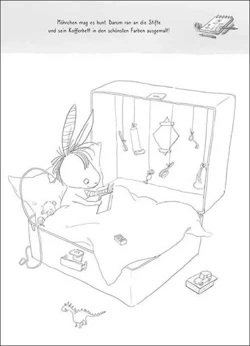 Ausmalvorlage aus dem Buch Grimm und Möhrchen – Das zeselige Mitmachbuch für graue und bunte Tage von Stephanie Schneider (Autorin) und Stefanie Scharnberg (Illustratorin). Auf dem Bild ist der Zesel zu sehen, sitzend in seinem Kofferbett.