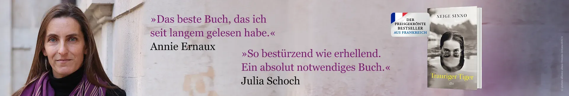 Buch Trauriger Tiger, Foto von Autorin Neige Sinno und Zitat von Annie Ernaux Das beste Buch, das ich seit langem gelesen habe.