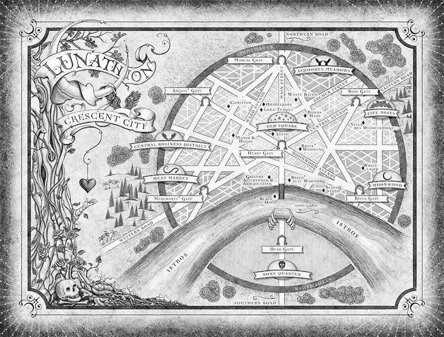 Bild der Karte von Crescent City in schwarz weiß.
