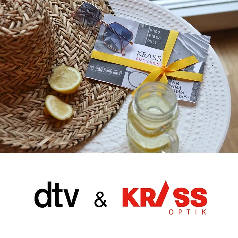 Gewinnspiel von dtv und KRASS Optik: Die Abbildung zeigt einen Gutschein von KRASS Optik, einen Sonnenhut und ein Glas mit Zitronen.