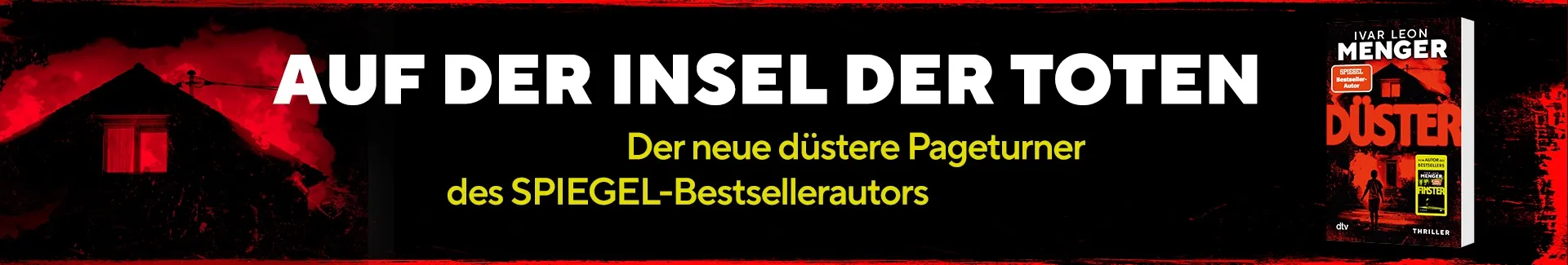 3D Cover des Buches Düster von Ivar Leon Menger. Links daneben der Text: Auf der Insel der Toten