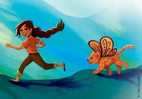 Illustration von Azmina und ihrem Begleittier, einem geflügeten Leoparden aus Band 1: Dragon Girls - Azmina, der Golddrache