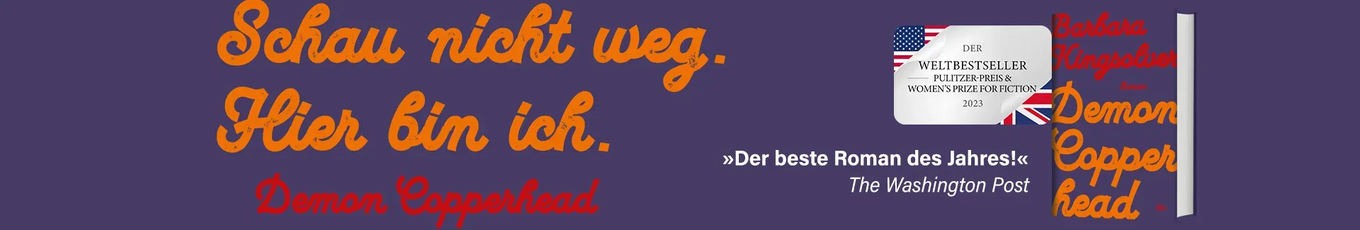 Buch Demon Copperhead von Barbara Kingsolver und Text Schau nicht weg. Hier bin ich.