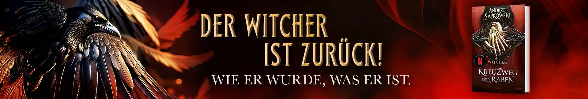 Buch Kreuzweg der Raben, Abbildung eines Raben und Text Der Witcher ist zurück! Wie er wurde, was er ist.