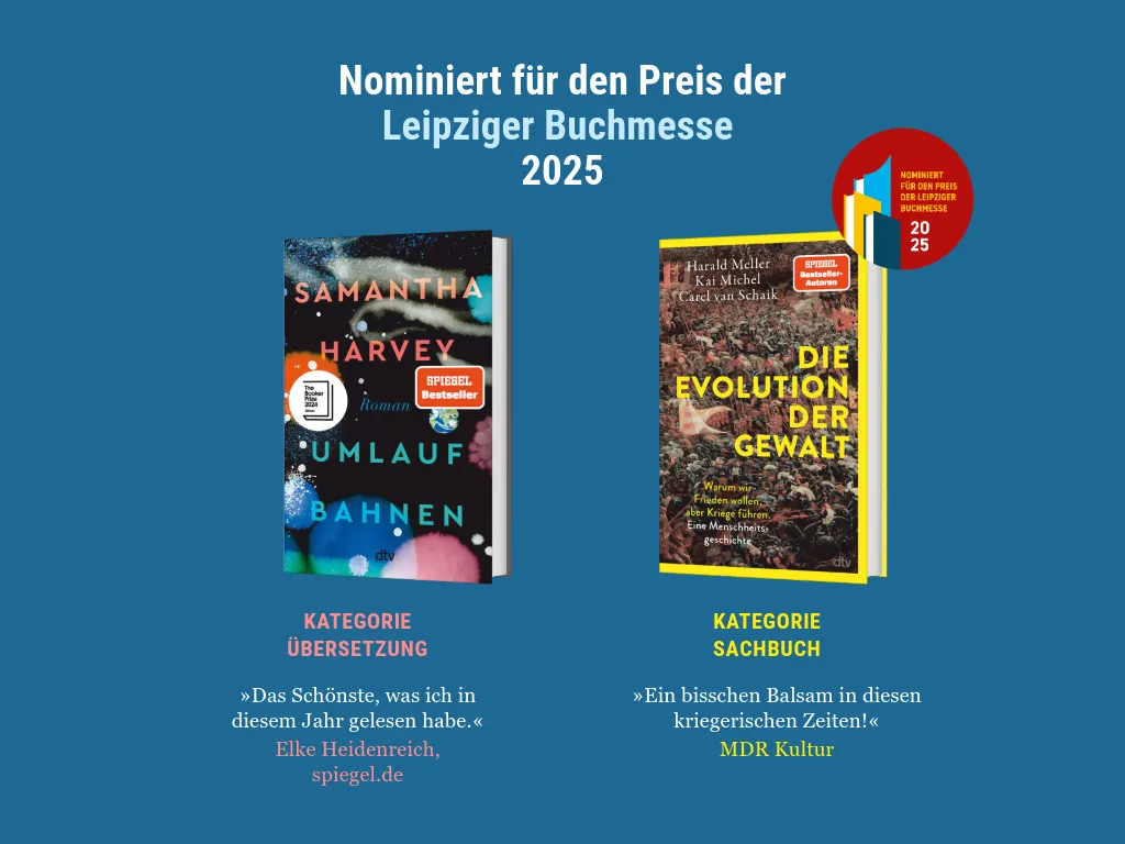 Grafik zu den zwei Buchnominierungen für den Preis der Leipziger Buchmesse 2025. Umlaufbahnen und Die Evolution der Gewalt