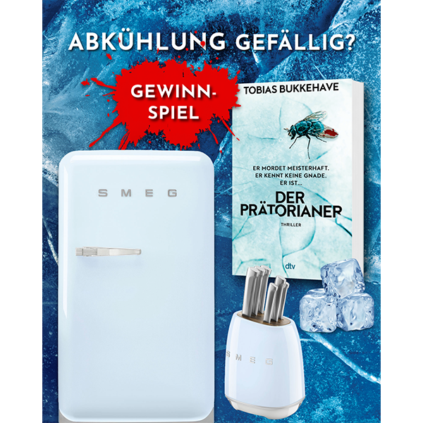 Grafik zeigt die möglichen Gewinne des Gewinnspiels zu "Der Prätorianer" von Tobias Bukkehave: Ein Messerblock von SMEG, ein Mini-Kühlschrank von SMEG sowie das 3D-Cover des Buchs