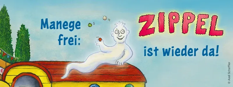 Manege frei: Zippel ist wieder da! Zu sehen ist ein Gespenst, das auf einem Wohnwagen sitzt.