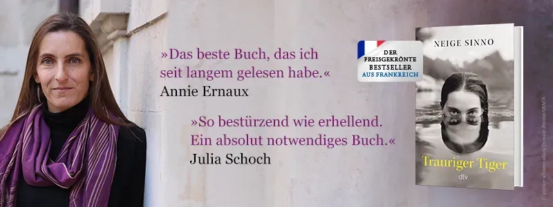 Buch Trauriger Tiger, Foto von Autorin Neige Sinno und Zitat von Annie Ernaux Das beste Buch, das ich seit langem gelesen habe.