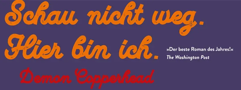 Buch Demon Copperhead von Barbara Kingsolver und Text Schau nicht weg. Hier bin ich.