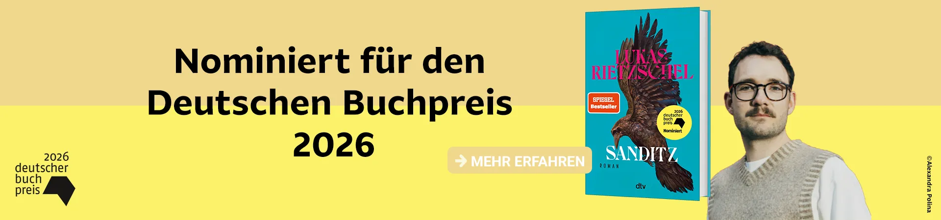 Text Nominiert für den Deutschen Buchpreis 2026, Cover von Sanditz, Autorfoto von Lukas Rietzschel