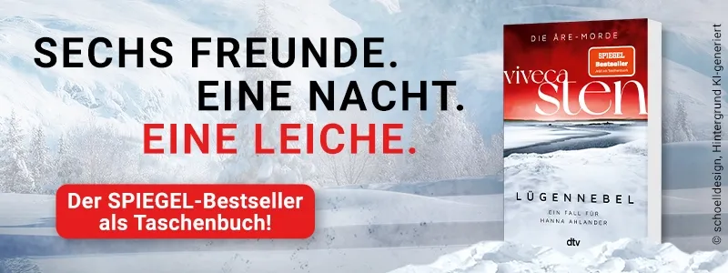 3D Cover des Buchs "Lügennebel" von Viveca Sten. Links daneben der Text: Sechs Freunde. Eine Nacht. Eine Leiche