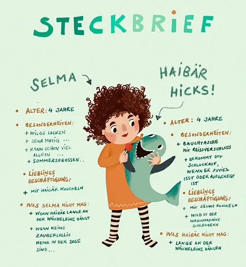 Steckbriefe von Selma und Haibär Hicks aus dem Kinderbuch Haibär Hicks - Ein Kuscheltier hat Schluckauf