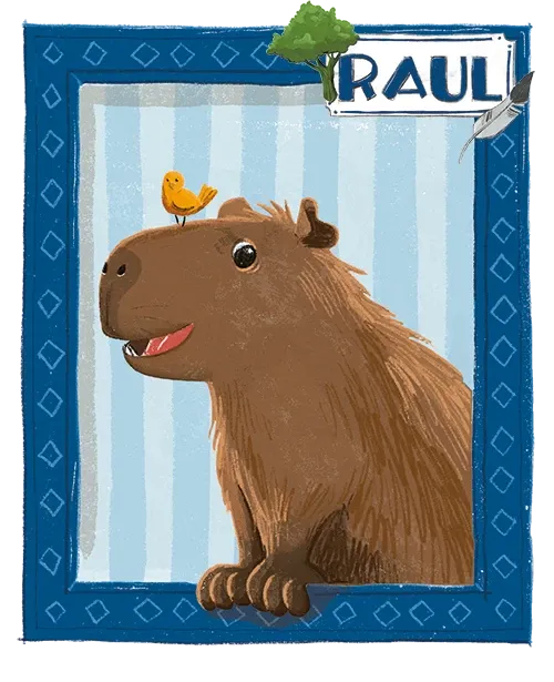 Zeichnung des Wasserschweins Raul aus dem Buch Drei Wasserschweine brennen durch. Illustriert von Anika Voigt