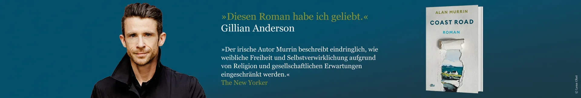 Buch Coast Road, Foto von Autor Alan Murrin und Zitat von Gillian Anderson. Diesen Roman habe ich geliebt.