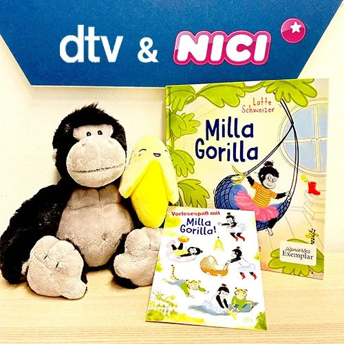 Abbildung der Gewinnspielpreise: signiertes Buch Milla Gorilla, Stickerbogen und zwei Stofftiere - ein Gorilla von NICI und Plüschbanane