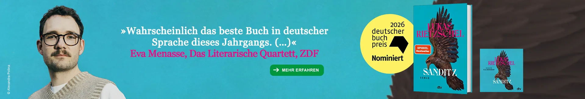 Banner zum Buch "Sanditz" von Lukas Rietzschel, nominiert für den Deutschen Buchpreis 2026
