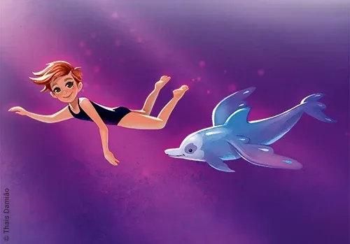 Illustration von Willa und ihrem Begleittier, einem Delfin aus Band 2: Dragon Girls - Willa, der Silberdrache