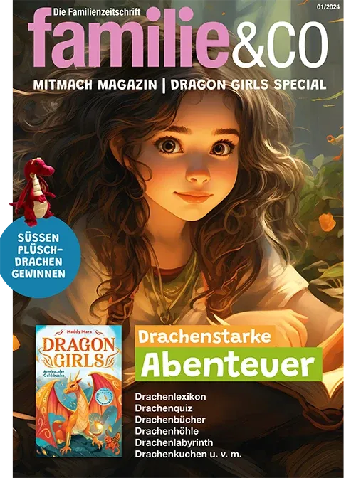 Cover des E-Magazins von Familie & Co., Spezial zum Thema Dragon Girls und Drachen allgemein