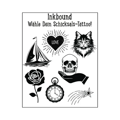 Tattoobogen mit 7 Tattoos aus dem Buch Inkbound