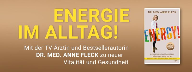 Buch Energy, Foto der Autorin Dr. Anne Fleck und Text Energie im Alltag.