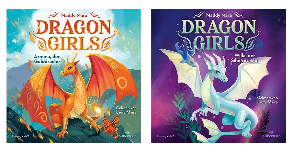 Cover der Hörbücher Dragon Girls - Azmina, der Golddrache (Band 1) und Willa, der Silberdrache (Band 2), gelesen von Laura Maire