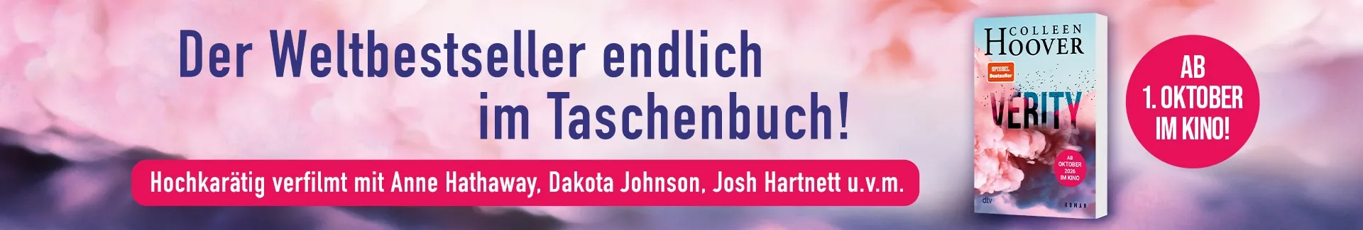 3D Cover des Buches Verity von Colleen Hoover. Links daneben der Text: Der Weltbestseller endlich im Taschenbuch! Rechts neben dem Cover der Button: Ab 01.Oktober im Kino!