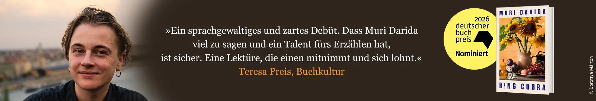 Banner zum Buch "King Cobra" von Muri Darida, nominiert zum Deutschen Buchpreis 2026