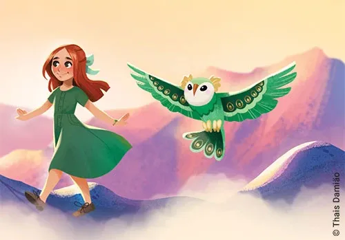Illustration von Quinn und ihrem Begleittier, einer Eule aus Band 6: Dragon Girls - Quinn, der Jadedrache