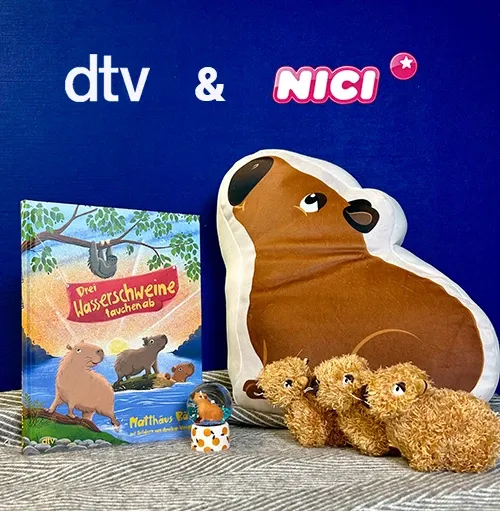 Abbildung der Gewinnspielpreise: Das Kinderbuch Drei Wasserschweine tauchen ab von dtv sowie weitere Preise von Nici: ein Capybara-Kissen, Mini-Wasserschweine aus Stoff und eine Schneekugel 