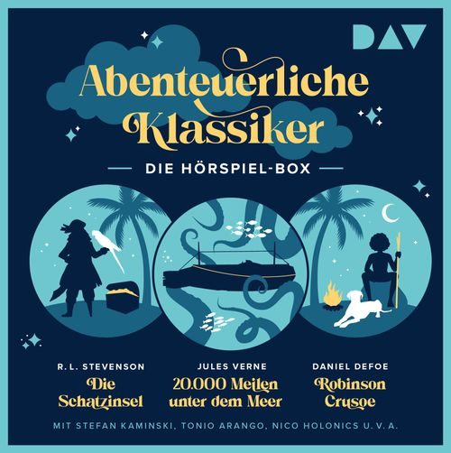 Cover des Buches Abenteuerliche Klassiker – Die Hörspiel-Box. Die Schatzinsel, 20.000 Meilen unter dem Meer, Robinson Crusoe von 