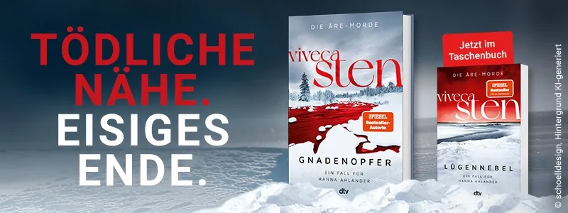3D Cover des Buchs "Gnadenopfer" von Viveca Sten. Rechts daneben das 3D Cover des Buchs "Lügennebel" von Viveca Sten. Links daneben der Text: Tödliche Nähe. Eisiges Ende.