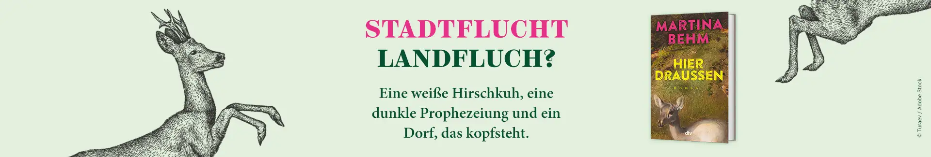 Buch Hier draußen von Martina Behm, Illustration zeigt Rehe, Text Stadtflucht Landfluch?