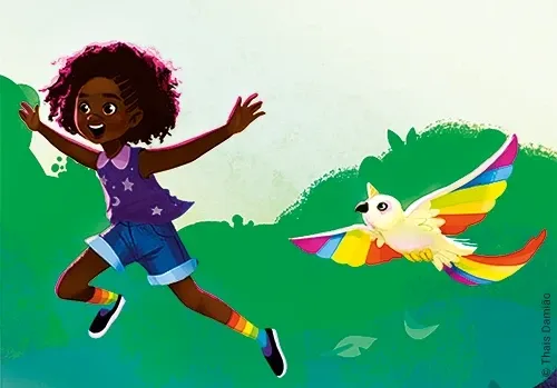  Illustration von Naomi und ihrem Begleittier, einem bunten Einhornvogel aus Band 3: Dragon Girls - Naomi, der Regenbogendrache