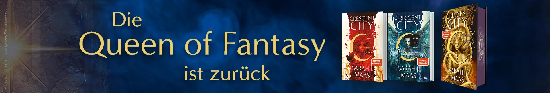Grafik mit Text Die Queen of Fantasy ist zurück und drei Bände der Crescent City Reihe.