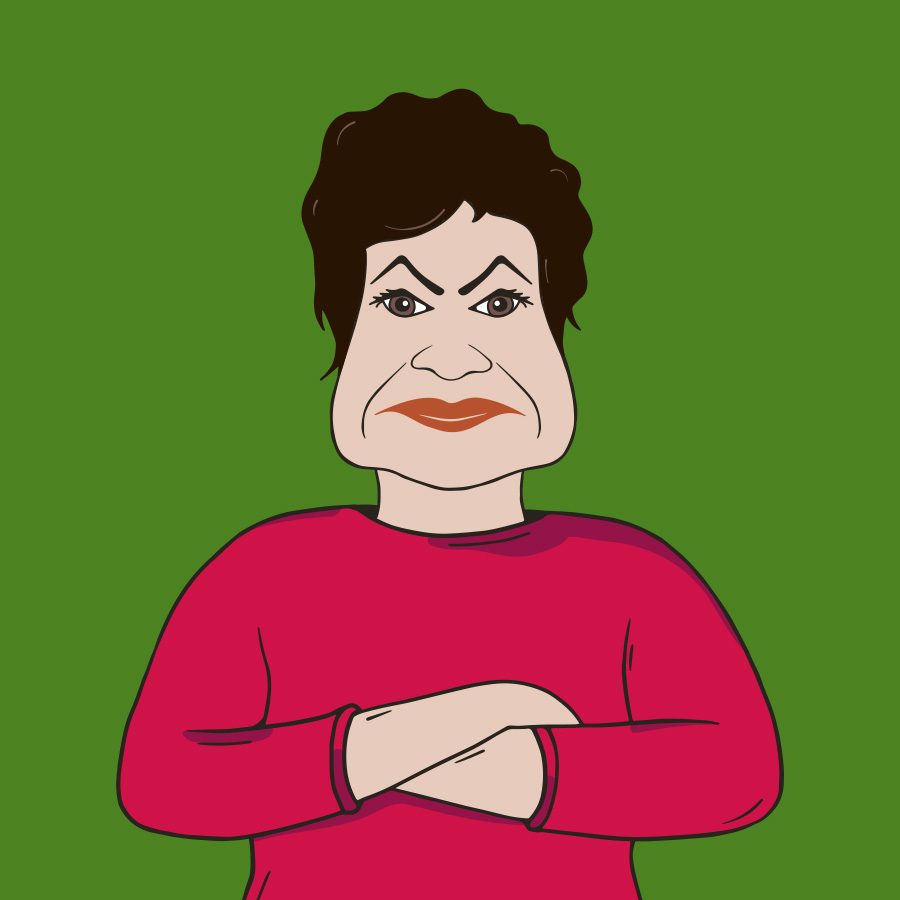 Witzige Zeichnung von Gisela in Abwehrhaltung und grummeligem Gesicht