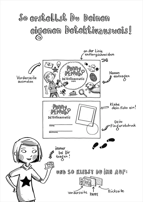 Vorlage für einen Detektivausweis von Penny Pepper zum Herunterladen