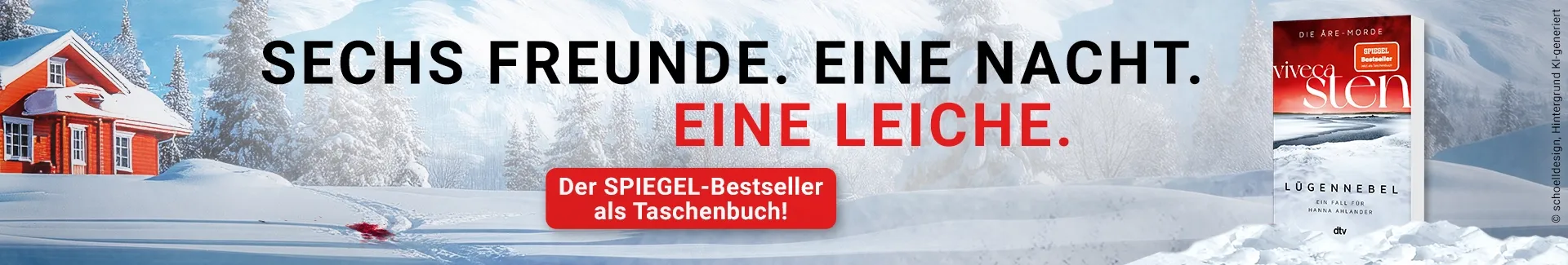 3D Cover des Buchs "Lügennebel" von Viveca Sten. Links daneben der Text: Sechs Freunde. Eine Nacht. Eine Leiche